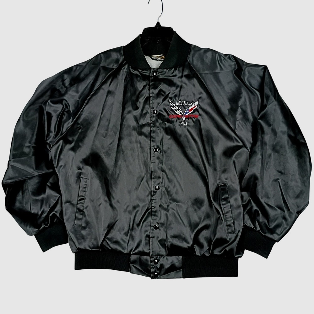 Auburn Mid-Texas Corvette Club Satin Bomber Jacket Mens XXL Black Vintage USA